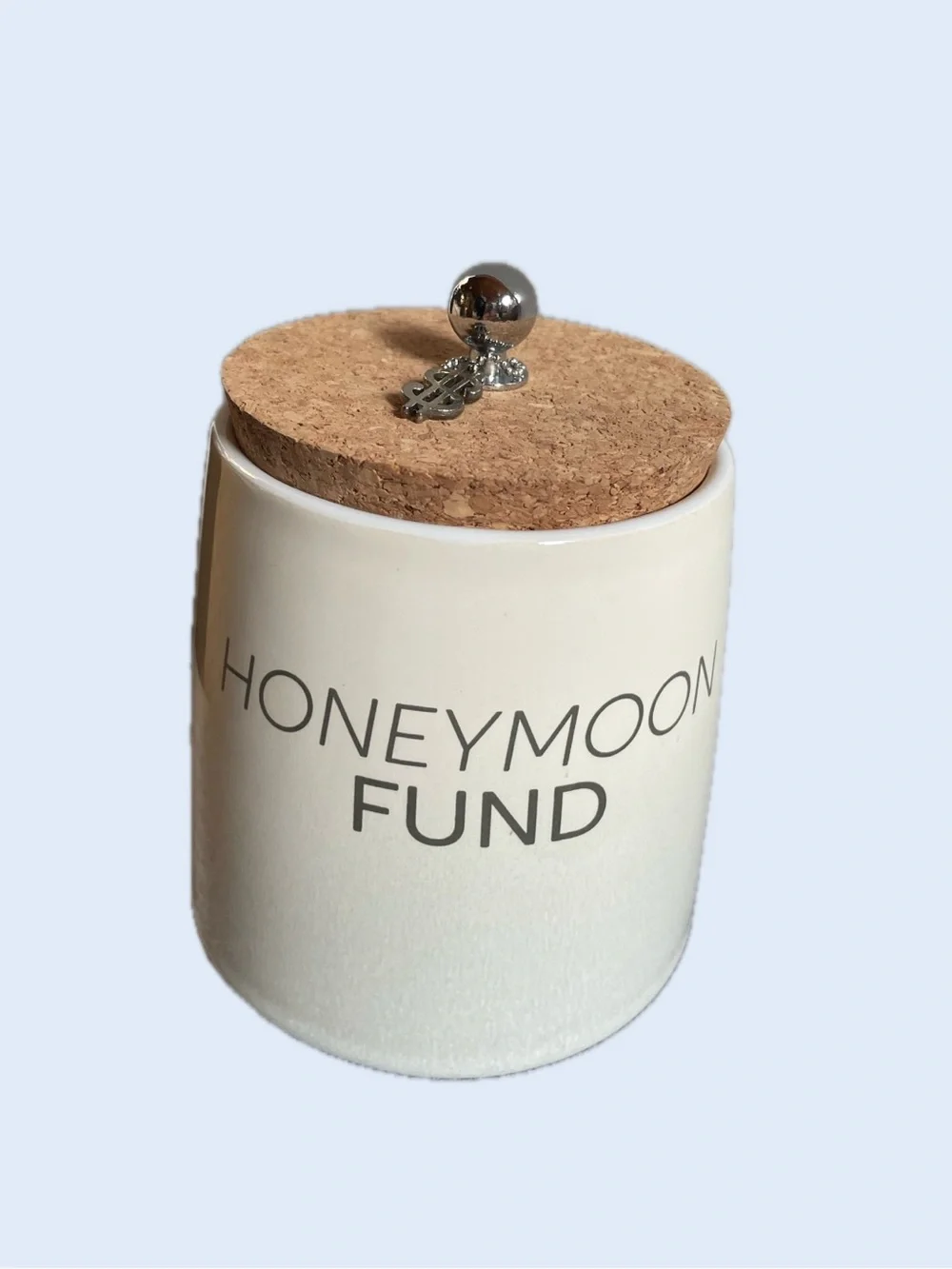 Honeymoon Fund Ceramic Money Jar with Cork Lid & Cute Little Metal Money Design